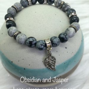 Obsidian And Jasper Bracelet With Leaf Charm