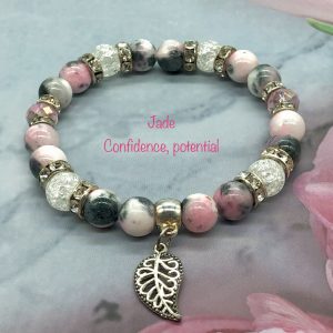 Jade And Cracked Crystal Bracelet With Leaf Charm