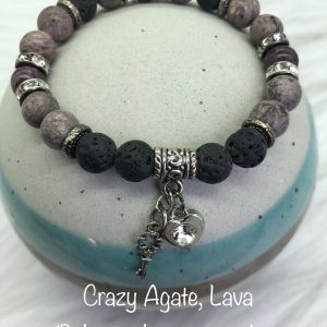 Crazy Agate and Lava Diffuser Bracelet with Heart and Key Charms