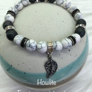 Black Obsidian And Howlite Bracelet With Leaf Charm