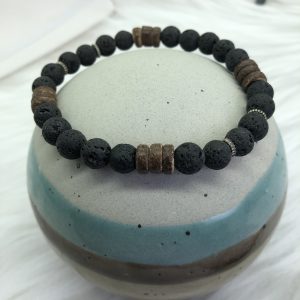 Mens Lava And Wooden Disk Bracelet