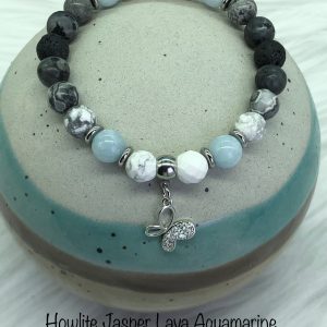 Howlite, Aquamarine, Jasper And Lava Bracelet With Butterfly Charm