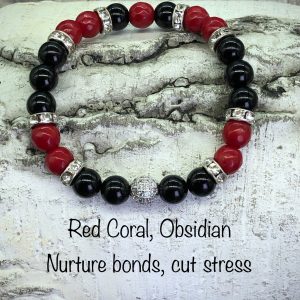 Red Coral And Obsidian Bracelet With Crystal Ball