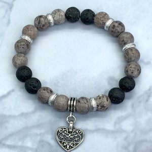 Crazy Agate And Lava Bracelet With Heart Charm