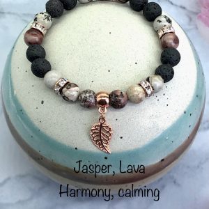 Jasper And Lava Bracelet With Leaf Charm
