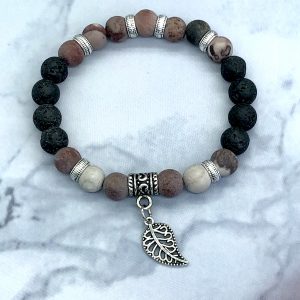 Agate And Lava Bracelet With Leaf Charm