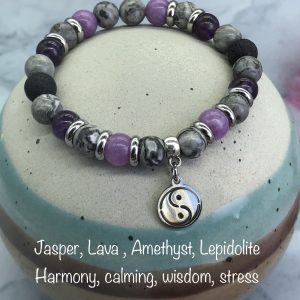 Jasper, Lava, Amethyst And Lepidolite Diffuser Bracelet With Yin Yang Charm