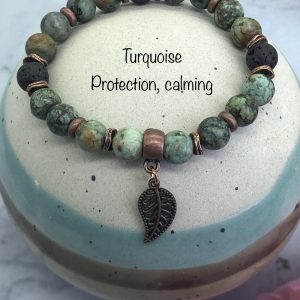 African Turquoise And Lava Bracelet With Leaf Charm
