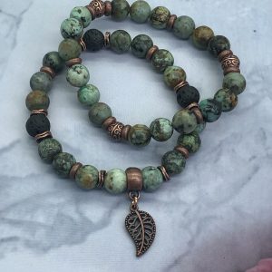 African Turquoise And Lava Bracelet With Leaf Charm