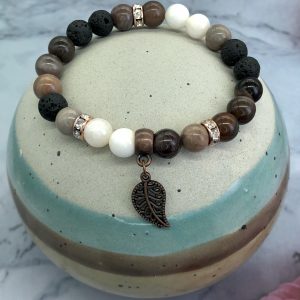 Wood Fossels Jade And Lava Bracelet With Leaf Charm