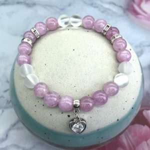 Pink Angelite And White Quartz Bracelet With Heart Charm