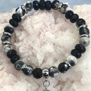 Rain Flower Quartz And Black Agate Bracelet With Water Drop Charm