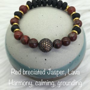 Red Brecciated Jasper And Lava Bracelet With Pave Ball
