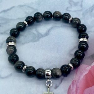 Silver Obsidian Bracelet With Cross Charm