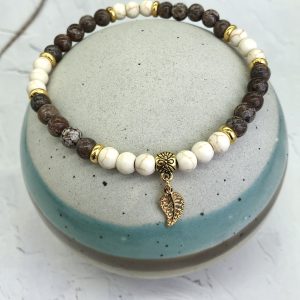 Coffee Bean Jasper And Howlite Anklet With Leaf Charm