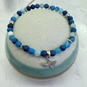 Matte Blue Agate Anklet With Dragonfly Charm