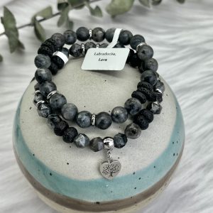 Labradorite And Lava Diffuser Bracelet With Heart Shaped Tree Charm