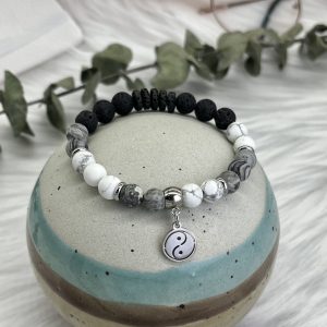 Howlite, Jasper And Lava Bracelet With Yin Yang Charm