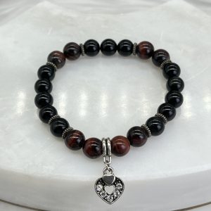 Tigers Eye And Obsidian Bracelet With Heart Charm