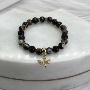 Coffee Onyx Bracelet With Dragonfly Charm