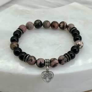 Black Lace Rhodonite And Obsidian Bracelet With Tree Charm