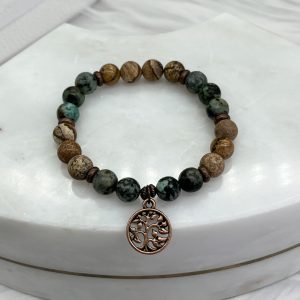 African Turquoise And Picture Jasper Bracelet With Tree Of Life Charm