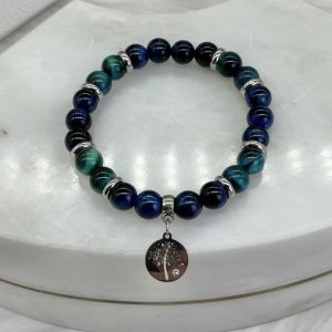 Blue And Teal Tiger’s Eye Bracelet With Tree Charm