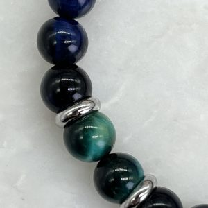 Blue And Teal Tiger’s Eye Bracelet With Tree Charm