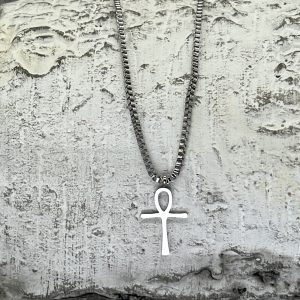 Men’s Stainless Steel Box Link Chain With Ankh Cross